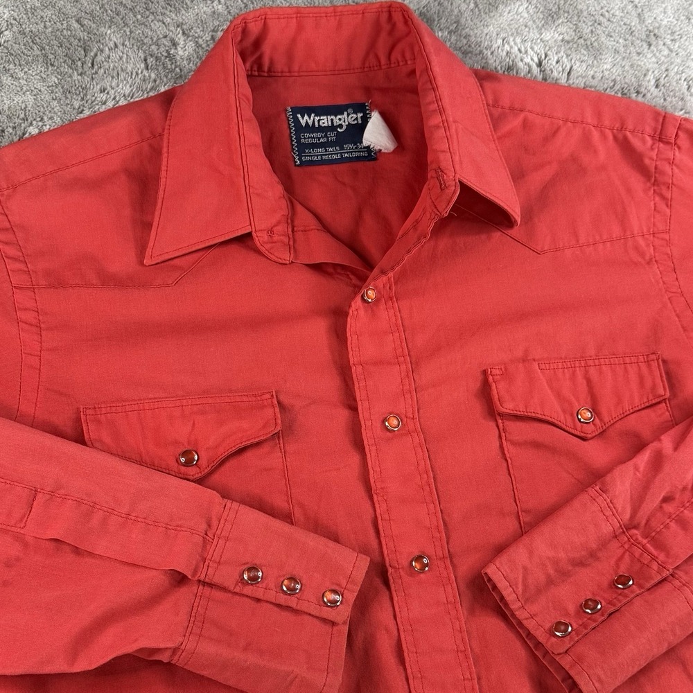 Wrangler Vintage Western Shirt Mens Small Red Cowboy Cut Pearl Snap VTG USA